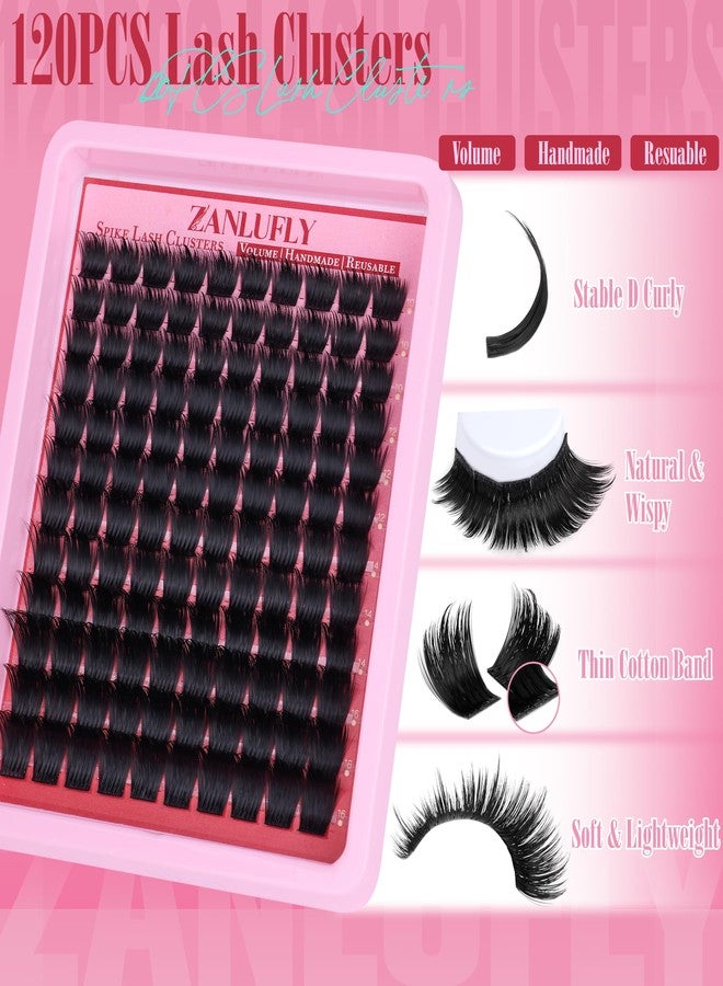 zanlufly Volume Lash Clusters Spiky Eyelash Clusters 120 Pcs Thick Cluster Eyelash Extensions with Thin Band 10-16mm Handmade Reusable Individual Eyelashes D Curly Lash extension DIY at Home - Image 2